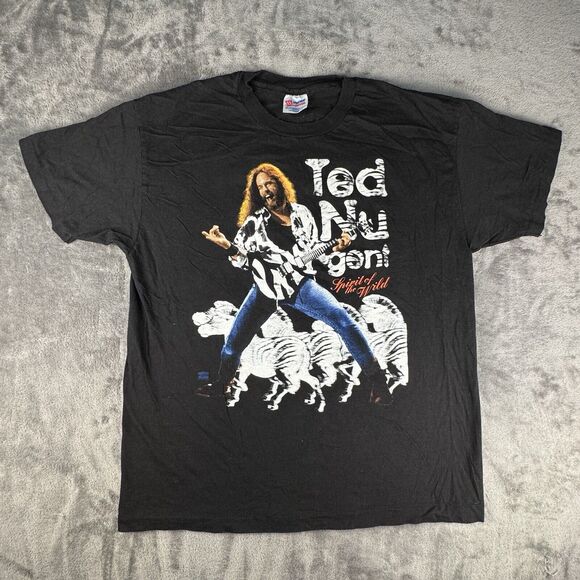 Vintage 90s Ted Nugent Rock Graphic Band T Shirt Hanes Tag XL Made‎ In USA - Picture 1 of 16